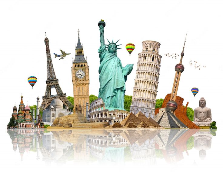 World famous travel destinations collage including Paris, Santorini, and Bali
